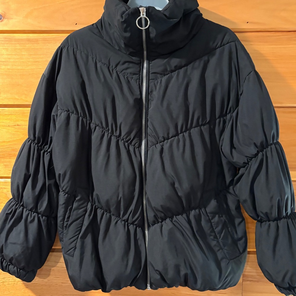 Love Tree Black Puffer Jacket Women Medium Mock Neck Full Zip 8063JY